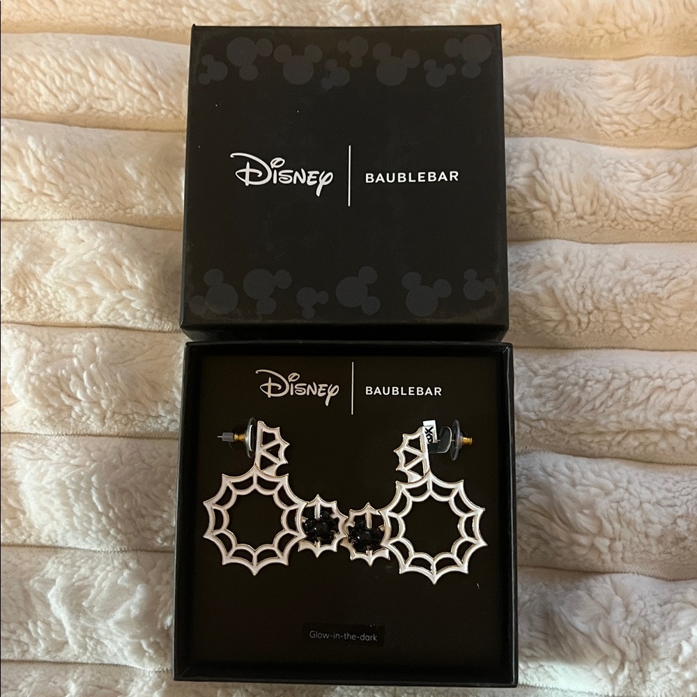 Disney X BaubleBar MICKEY EARS Halloween Spider Web Glow in Dark Hoop Earrings